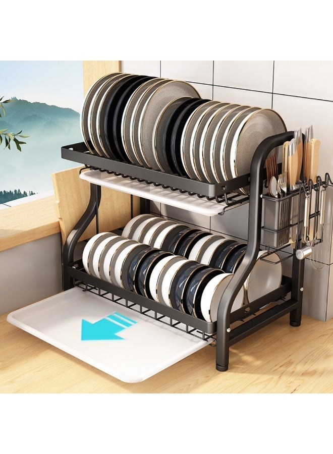 2-Tier Carbon Steel Dish Drying Rack, Large Capacity Rust-Proof Kitchen Organizer with Utensil & Cutting Board Holder, Drainboard Set for Counter - Image 3